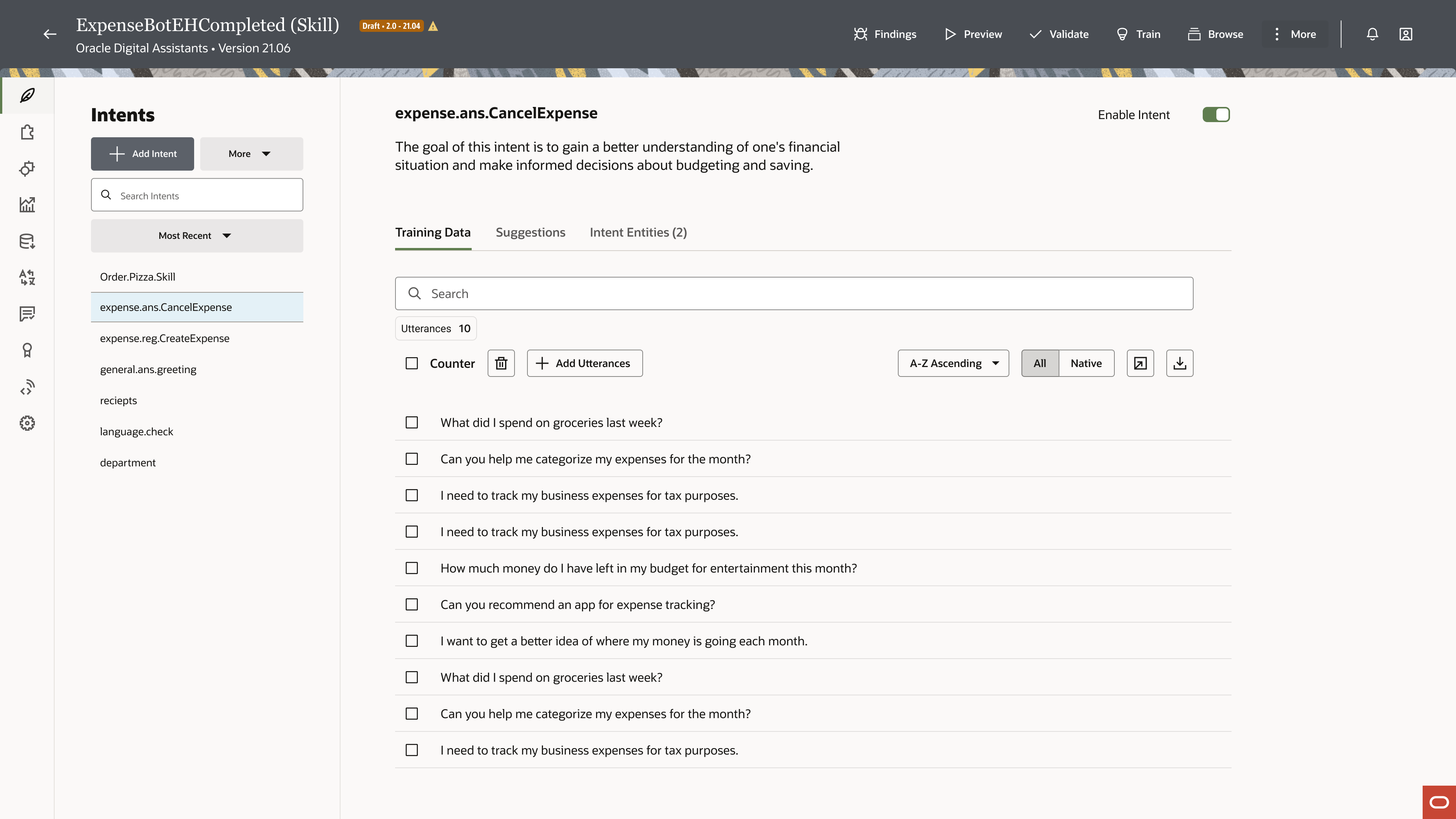 Existing Intents workflow showing the left navigation, intent list, and detail panel.