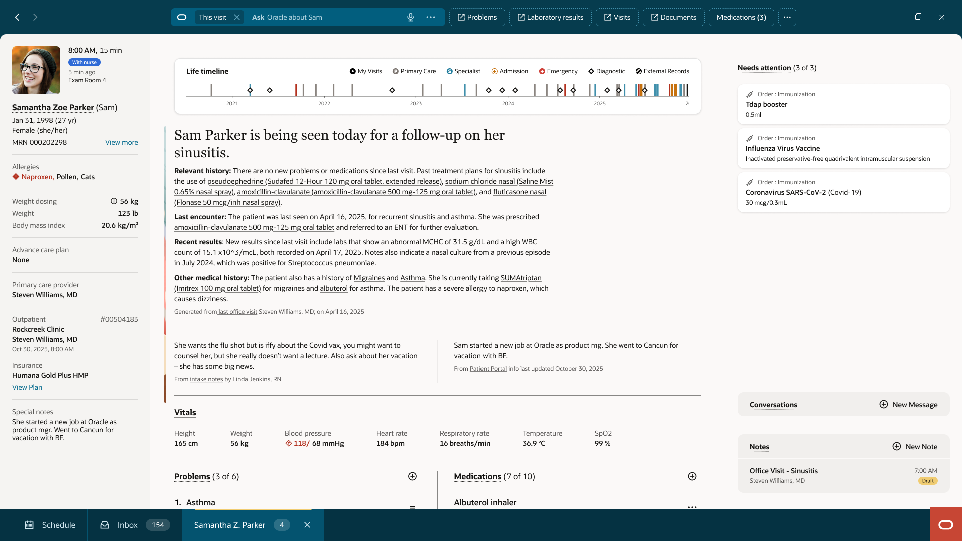 Patient Summary screen showing persistent patient context with Actions, Needs Attention, Messages, and Notes.
