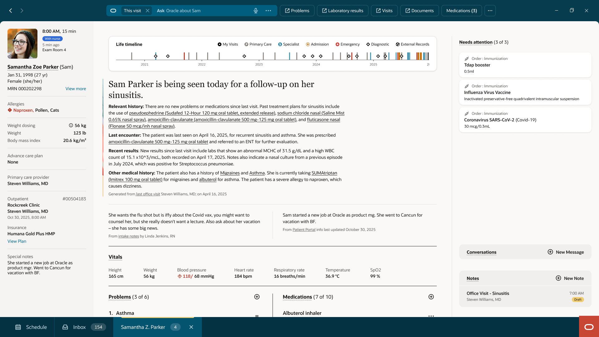 Original Oracle Health patient chart with the previous right panel competing for attention beside the clinical workspace.